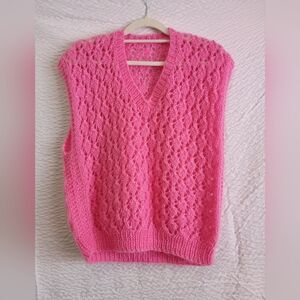 Handmade Crochet Chic Pink V-Neck Knit Sweater Vest App. 20" PTP S